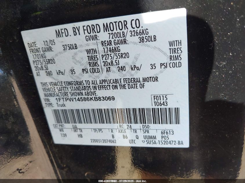 2006 Ford F-150 Fx4/Lariat/Xlt VIN: 1FTPW14586KB83069 Lot: 42877960