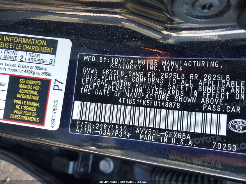 2015 Toyota Camry Hybrid Xle VIN: 4T1BD1FK5FU148878 Lot: 42878060