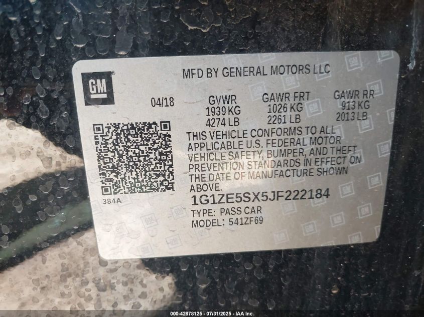 2018 Chevrolet Malibu Premier VIN: 1G1ZE5SX5JF222184 Lot: 42878125