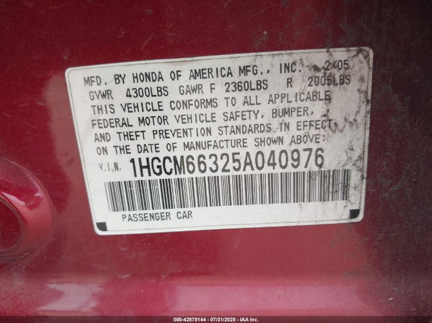 2005 Honda Accord 3.0 Lx VIN: 1HGCM66325A040976 Lot: 42878144