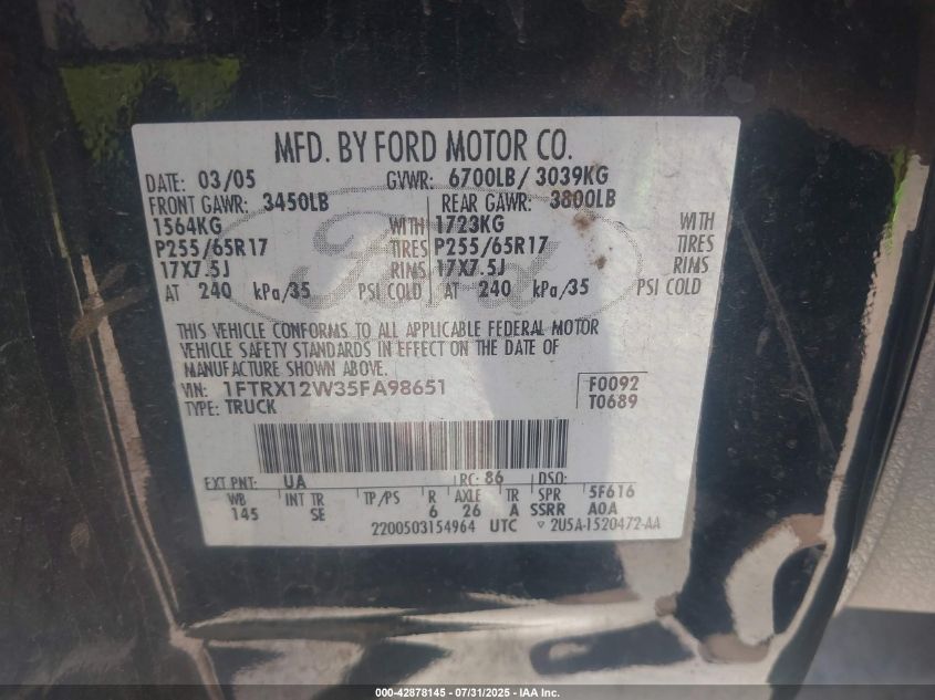 2005 Ford F-150 Stx/Xl/Xlt VIN: 1FTRX12W35FA98651 Lot: 42878145