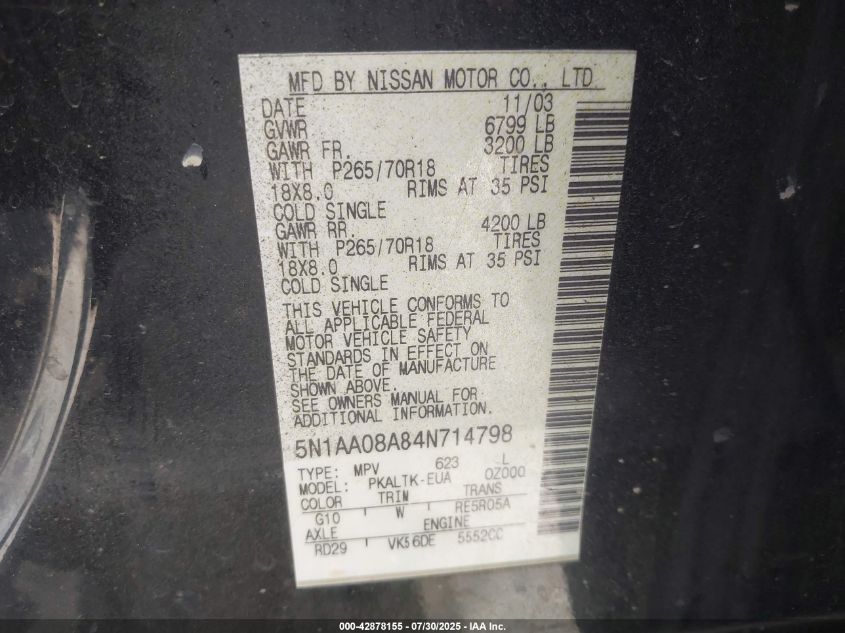 2004 Nissan Pathfinder Armada Se VIN: 5N1AA08A84N714798 Lot: 42878155