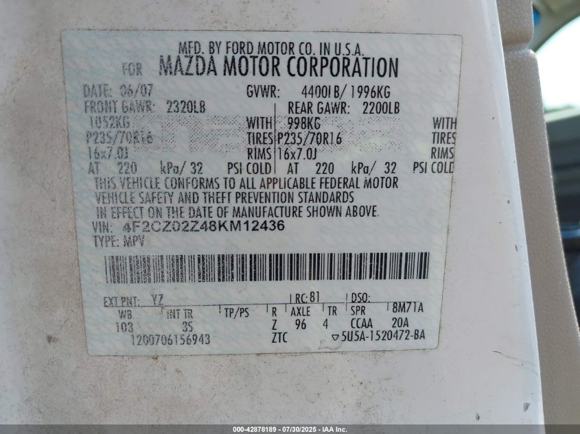 2008 Mazda Tribute I Touring VIN: 4F2CZ02Z48KM12436 Lot: 42878189