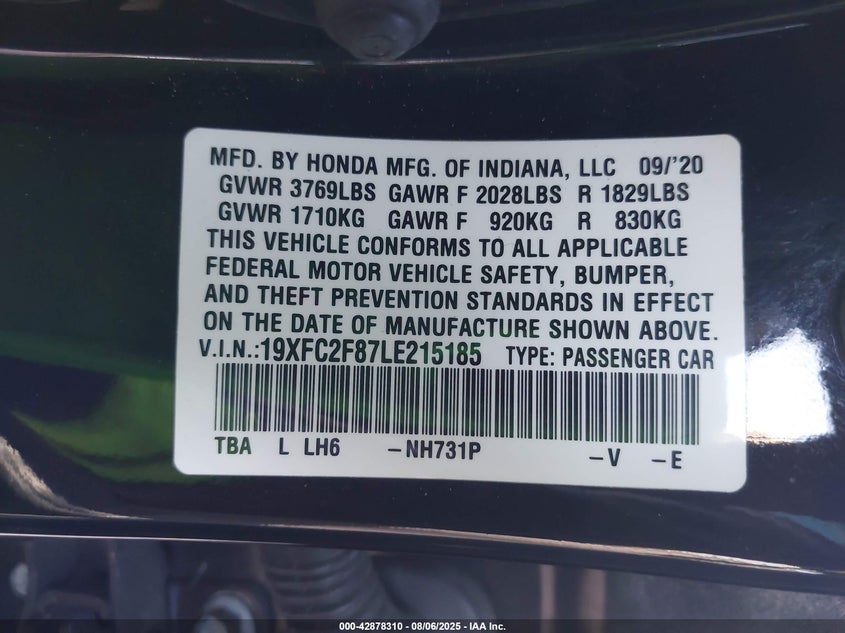 2020 HONDA CIVIC SPORT 19XFC2F87LE215185