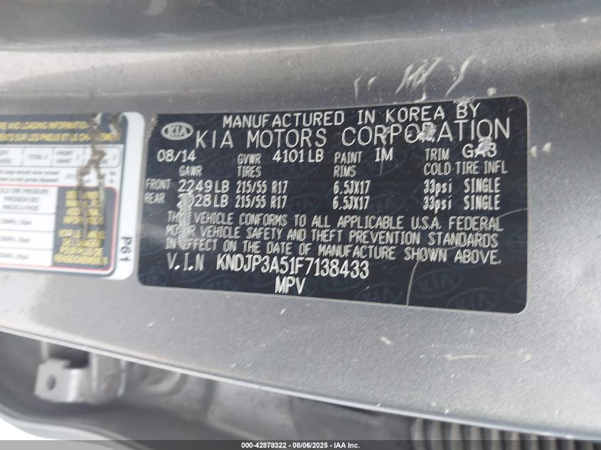 2015 Kia Soul + VIN: KNDJP3A51F7138433 Lot: 42878322