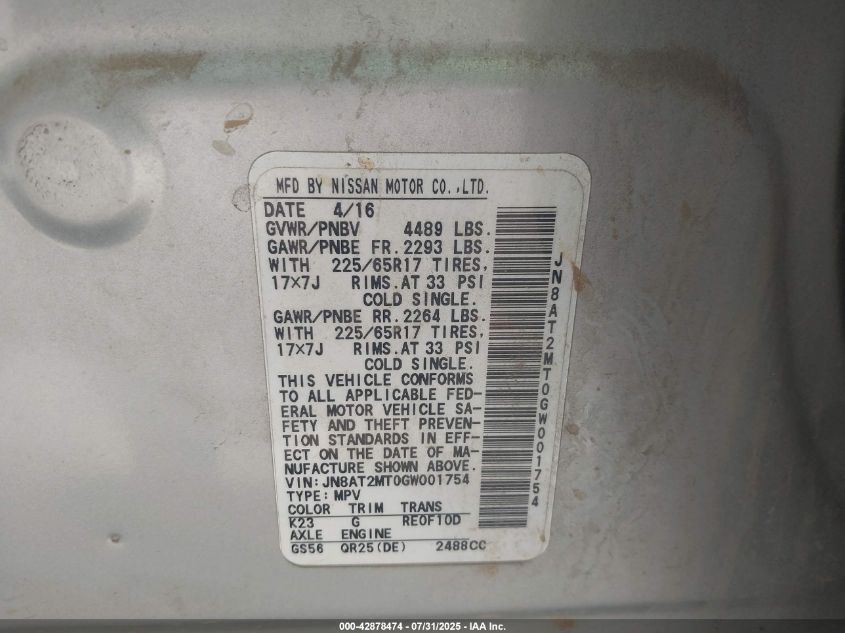 2016 Nissan Rogue S VIN: JN8AT2MT0GW001754 Lot: 42878474