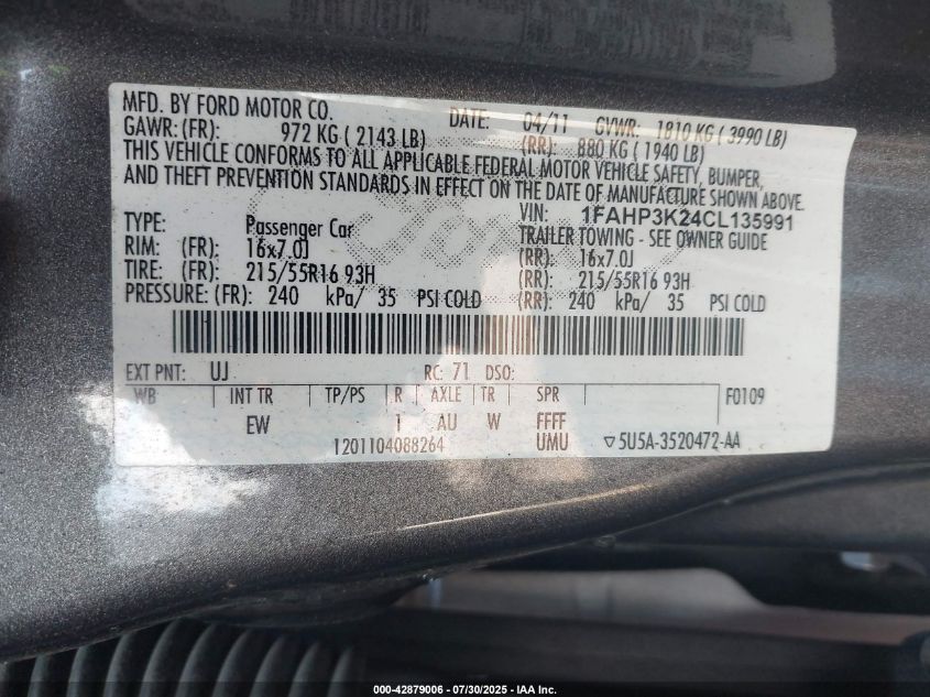 2012 Ford Focus Se VIN: 1FAHP3K24CL135991 Lot: 42879006