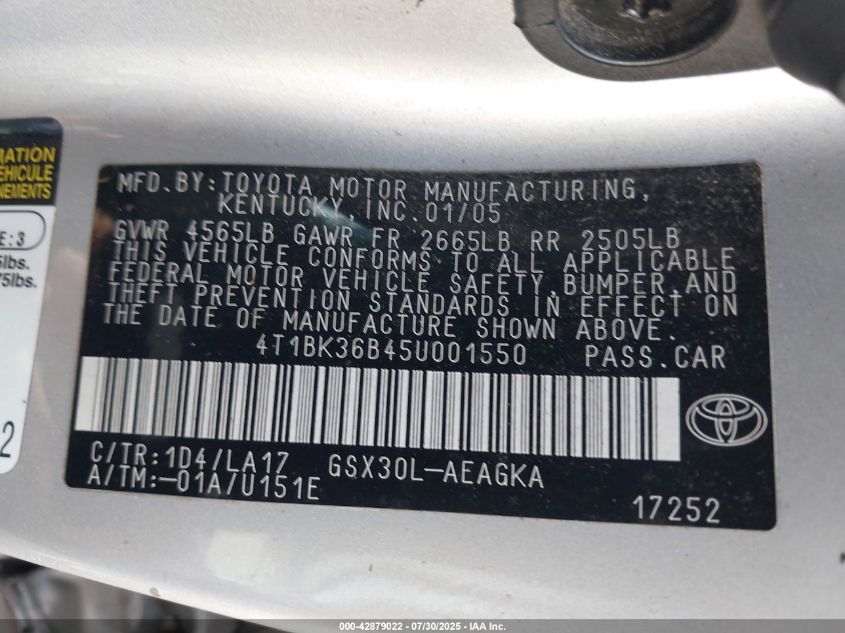 2005 Toyota Avalon Xls VIN: 4T1BK36B45U001550 Lot: 42879022