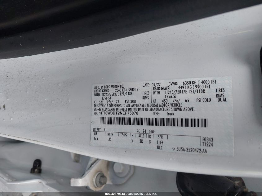 2022 Ford F-350 Xl VIN: 1FT8W3DT2NEF75878 Lot: 42879343