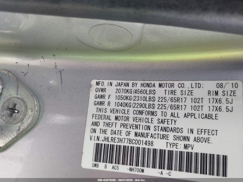 2011 Honda Cr-V Ex-L VIN: JHLRE3H77BC001498 Lot: 42879390