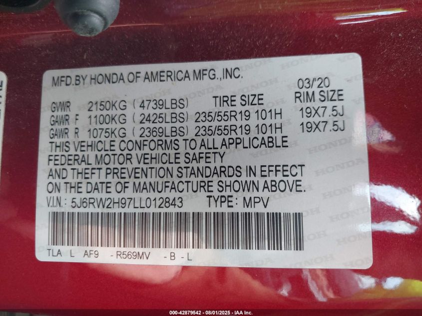 2020 Honda Cr-V Awd Touring VIN: 5J6RW2H97LL012843 Lot: 42879542