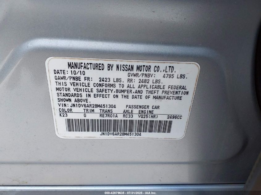 2011 Infiniti G25X VIN: JN1DV6AR2BM451304 Lot: 42879635