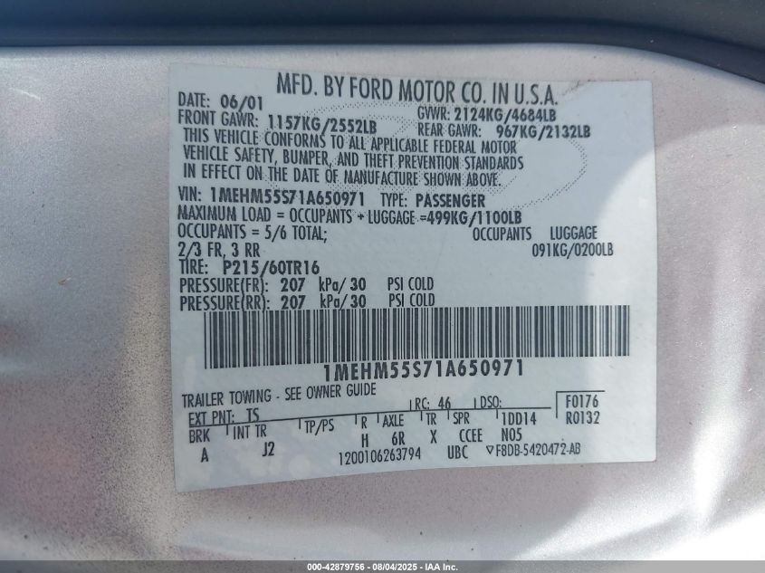 2001 Mercury Sable Ls Premium VIN: 1MEHM55S71A650971 Lot: 42879756