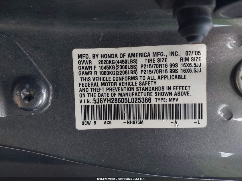 2005 Honda Element Ex VIN: 5J6YH28605L025366 Lot: 42879831