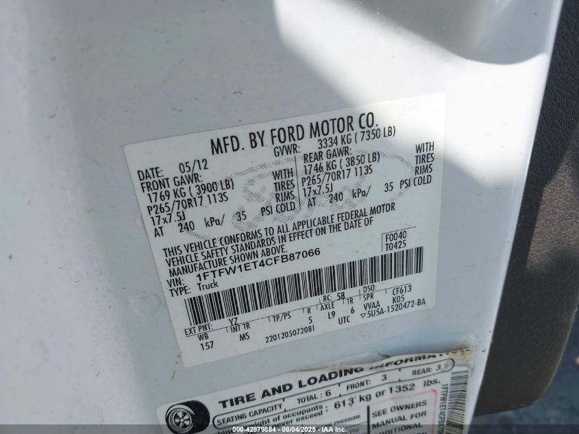 2012 Ford F-150 Xlt VIN: 1FTFW1ET4CFB87066 Lot: 42879884