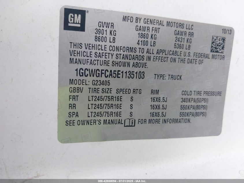 2014 Chevrolet Express 2500 Work Van VIN: 1GCWGFCA5E1135103 Lot: 42880094