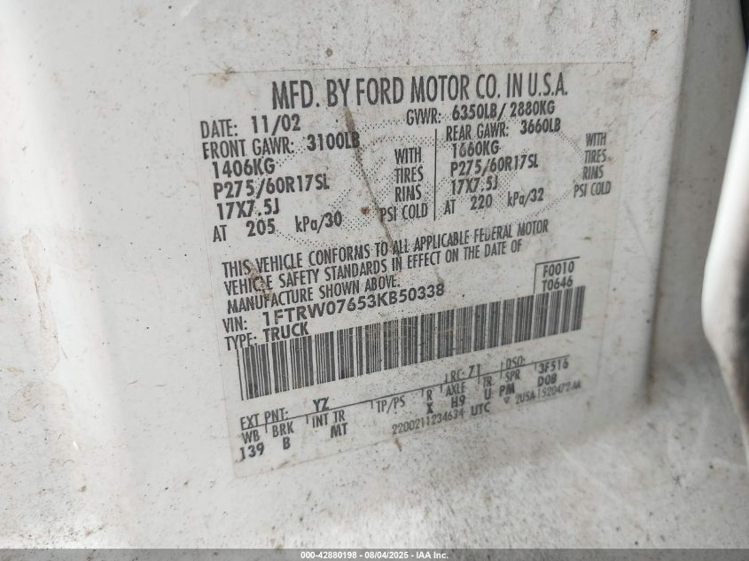 2003 Ford F-150 VIN: 1FPRW07653KB50338 Lot: 42880198