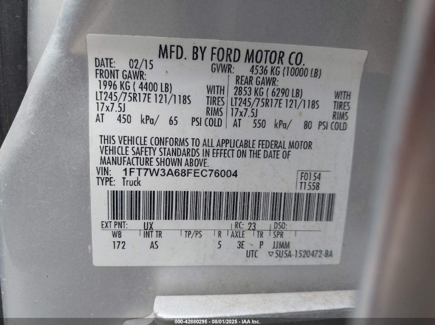 2015 Ford F-350 Xl VIN: 1FT7W3A68FEC76004 Lot: 42880295