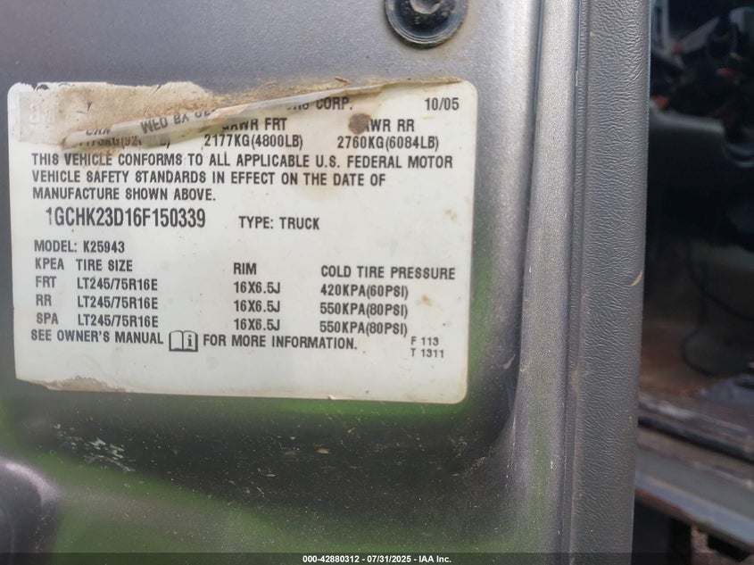 2006 Chevrolet Silverado 2500Hd Lt1 VIN: 1GCHK23D16F150339 Lot: 42880312