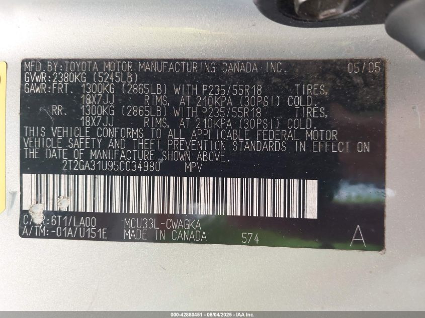 2005 Lexus Rx 330 VIN: 2T2GA31U95C034980 Lot: 42880451