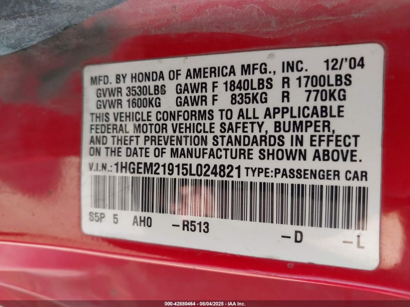 2005 Honda Civic Ex VIN: 1HGEM21915L024821 Lot: 42880464
