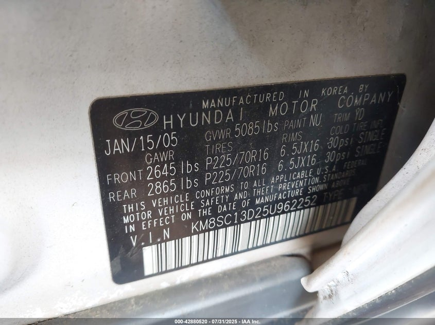 KM8SC13D25U962252 2005 HYUNDAI SANTA FE photo no. 9