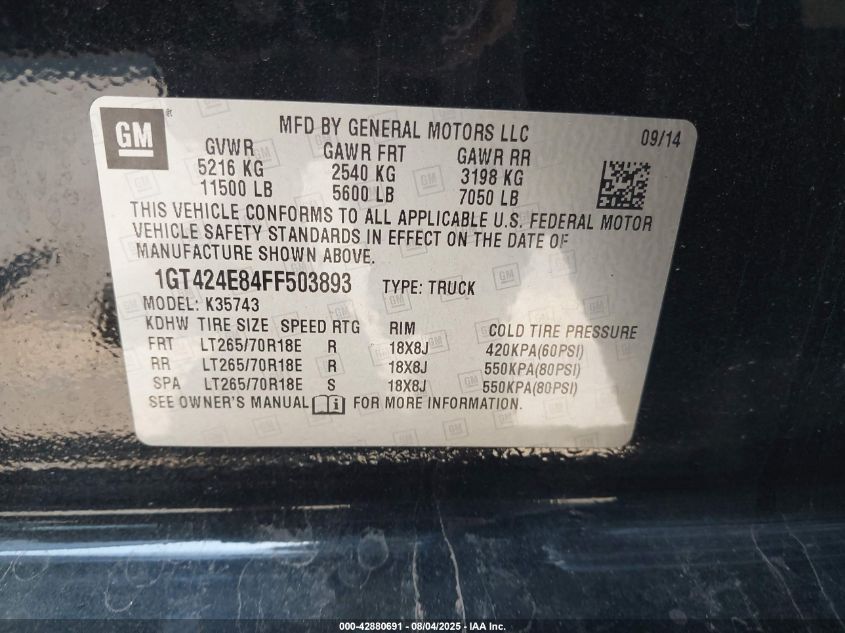 2015 GMC Sierra 3500Hd Denali VIN: 1GT424E84FF503893 Lot: 42880691