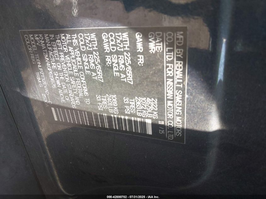 2016 Nissan Rogue S/Sl/Sv VIN: KNMAT2MV4GP61987 Lot: 42880702