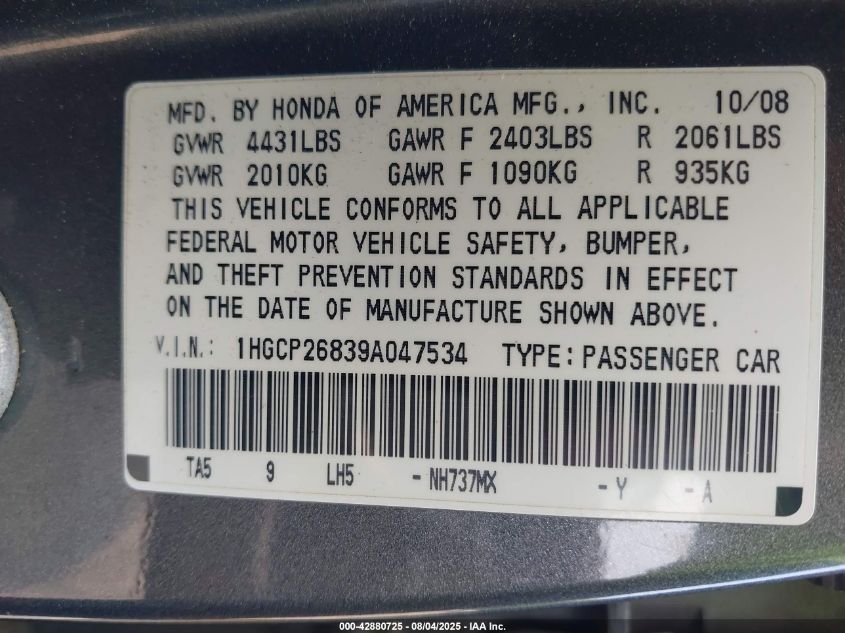 2009 Honda Accord 2.4 Ex-L VIN: 1HGCP26839A047534 Lot: 42880725