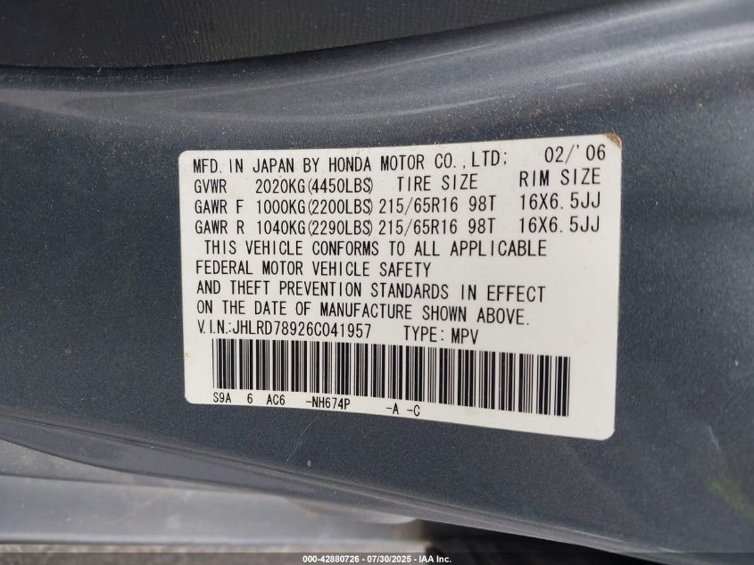 2006 Honda Cr-V Se VIN: JHLRD78926C041957 Lot: 42880726
