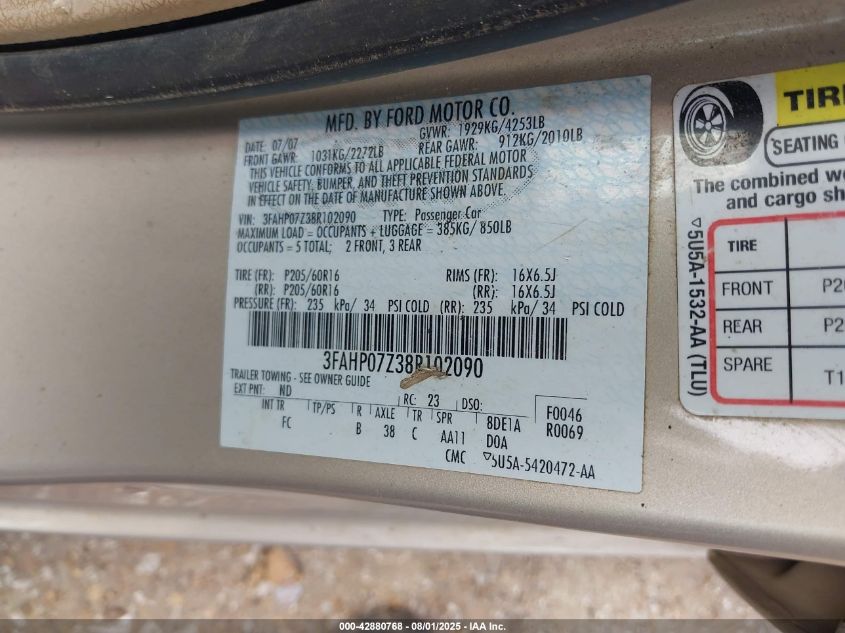 2008 Ford Fusion Se VIN: 3FAHP07Z38R102090 Lot: 42880768