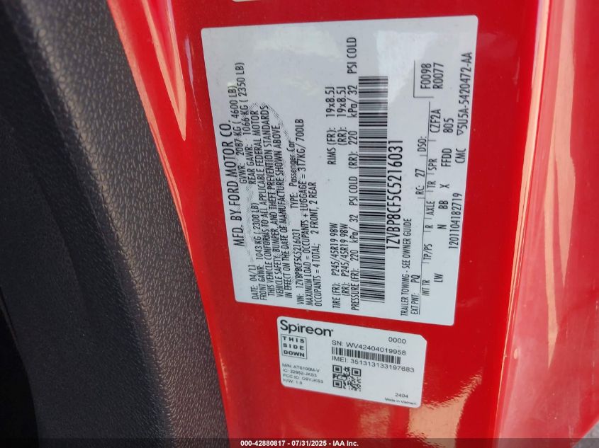 2012 Ford Mustang Gt Premium VIN: 1ZVBP8CF5C5216031 Lot: 42880817