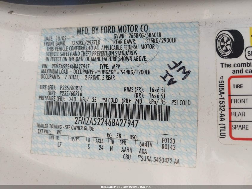 2006 Ford Freestar Sel VIN: 2FMZA52246BA27947 Lot: 42881102