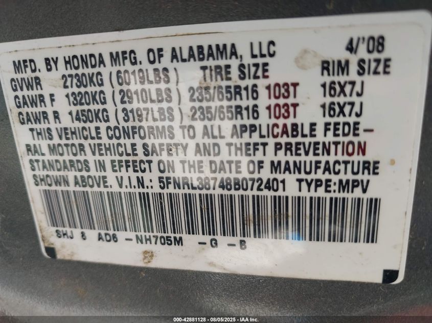 2008 Honda Odyssey Ex-L VIN: 5FNRL38748B072401 Lot: 42881128