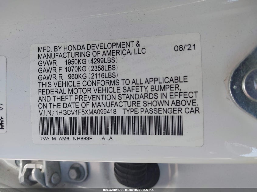 VIN 1HGCV1F5XMA099418 2021 HONDA ACCORD EX-L