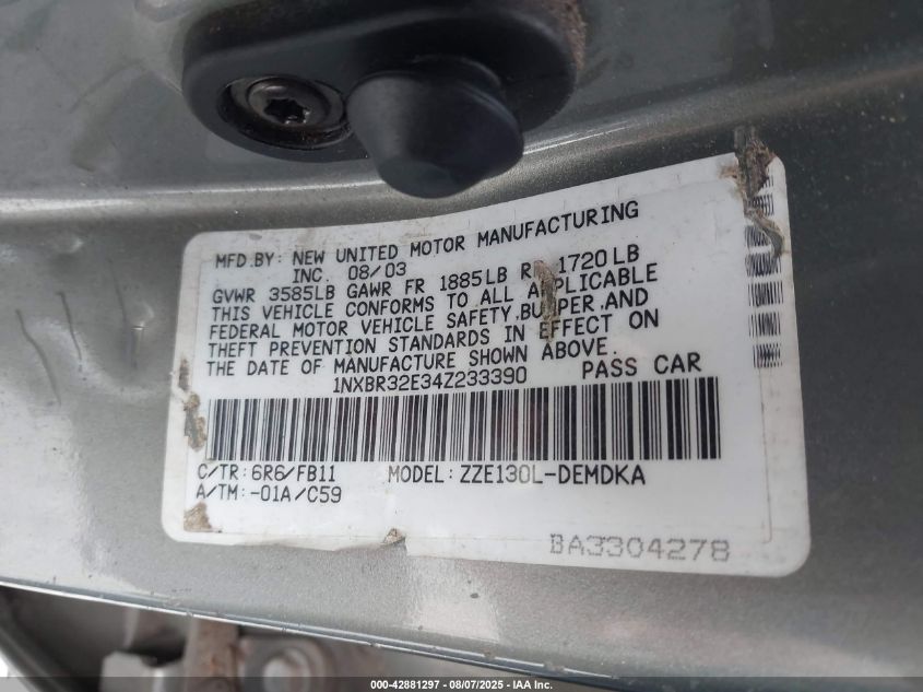 2004 Toyota Corolla Ce VIN: 1NXBR32E34Z233390 Lot: 42881297