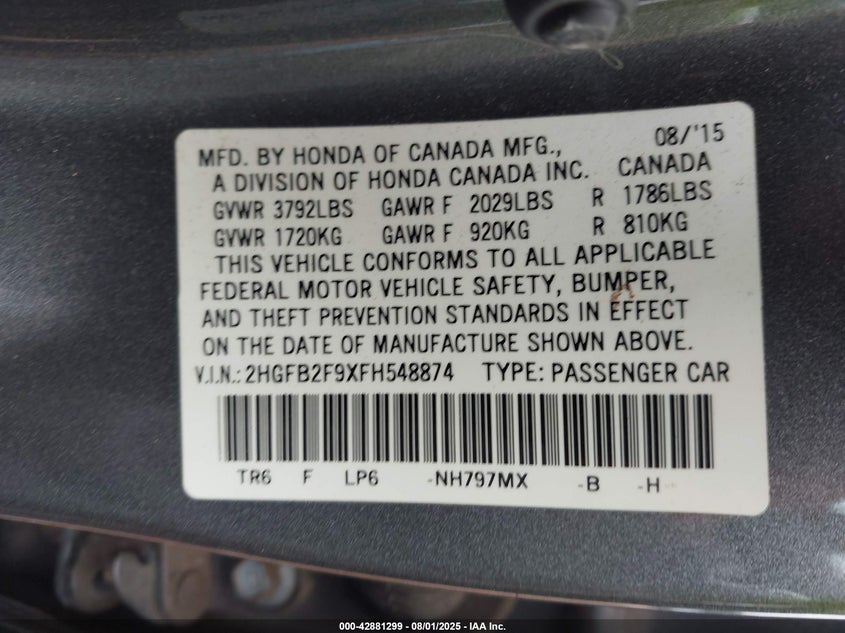 2015 HONDA CIVIC EX-L 2HGFB2F9XFH548874