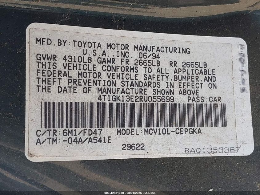 1994 Toyota Camry Xle VIN: 4T1GK13E2RU055699 Lot: 42881330