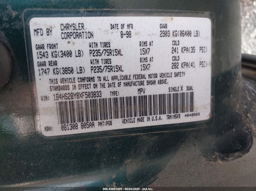 1999 Dodge Durango VIN: 1B4HS28Y8XF503833 Lot: 42881409