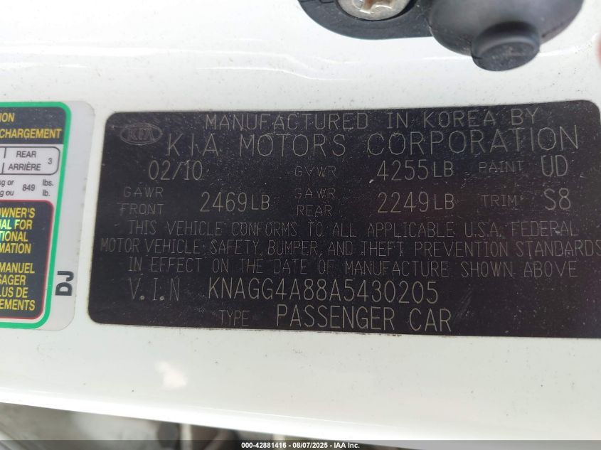 2010 Kia Optima Lx VIN: KNAGG4A88A5430205 Lot: 42881416