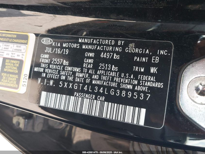 2020 Kia Optima Lx VIN: 5XXGT4L34LG389537 Lot: 42881479