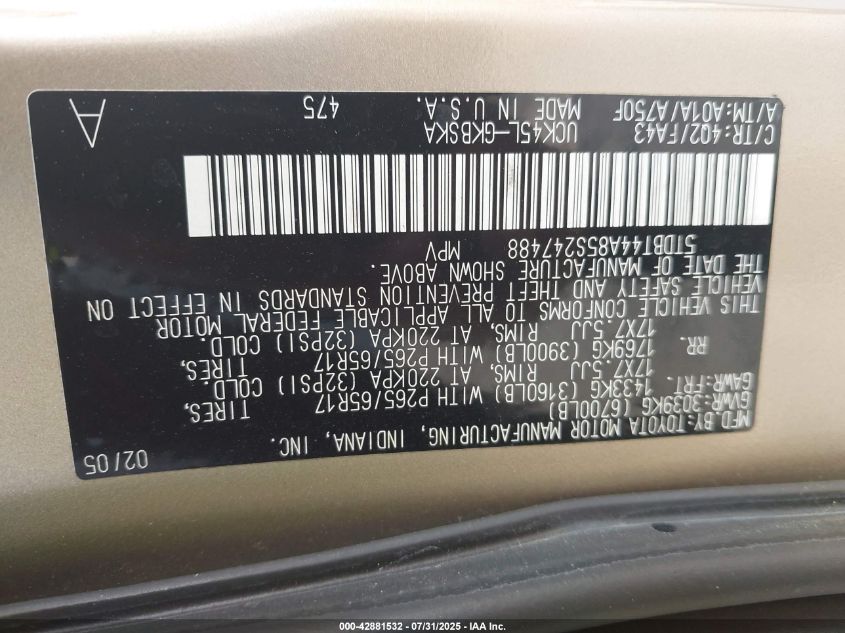 2005 Toyota Sequoia Sr5 V8 VIN: 5TDBT44A85S247488 Lot: 42881532