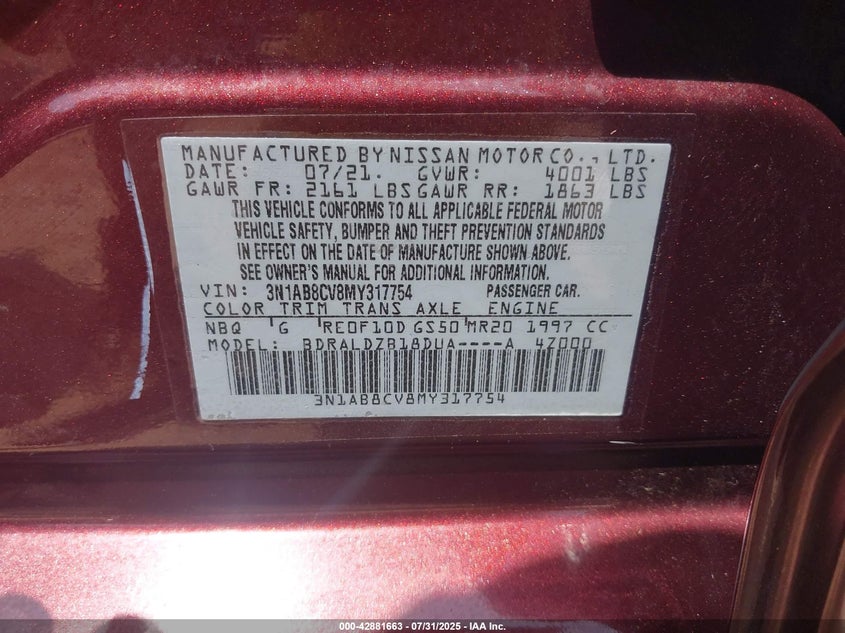 2021 Nissan Sentra 2.0 Sv Xtronic Cvt Brown Lot 111042881663 Vin 3N1AB8CV8MY317754