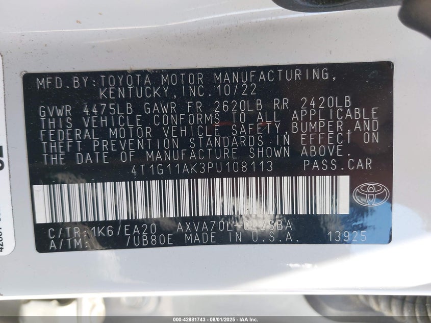 2023 TOYOTA CAMRY SE - 4T1G11AK3PU108113