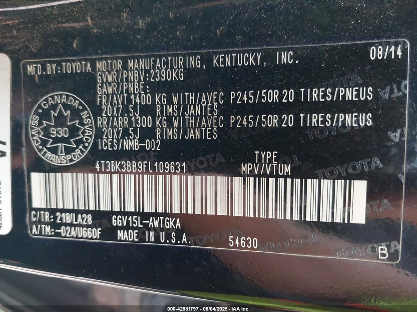 2015 TOYOTA VENZA BASE V6 4T3BK3BB9FU109631