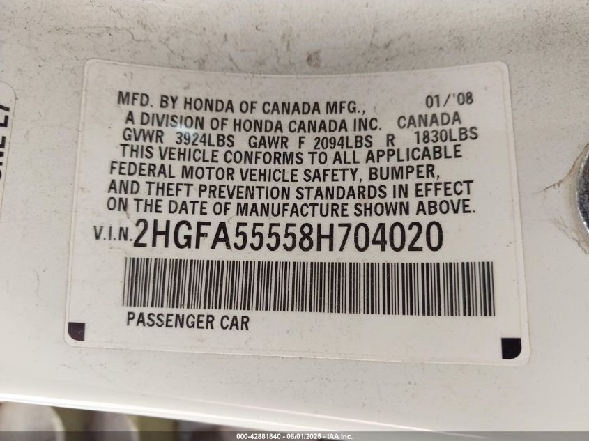 2008 Honda Civic Ex-L VIN: 2HGFG11958H704020 Lot: 42881840