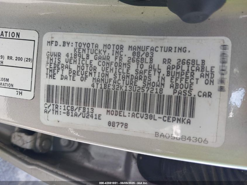 2003 Toyota Camry Le VIN: 4T1BE32K13U257218 Lot: 42881851