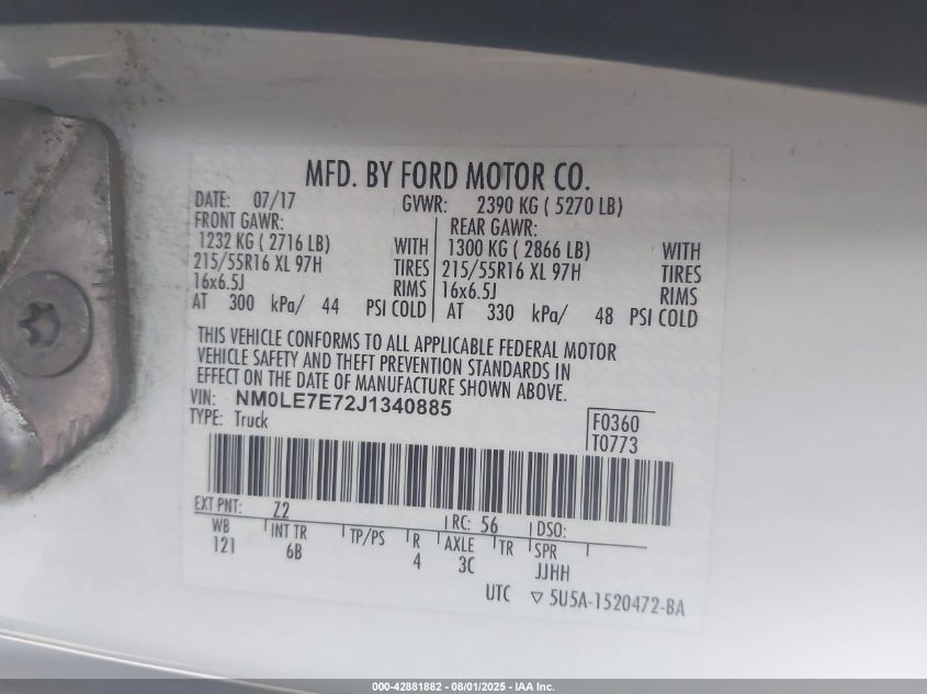 2018 Ford Transit Connect Xl VIN: NM0LE7E72J1340885 Lot: 42881882