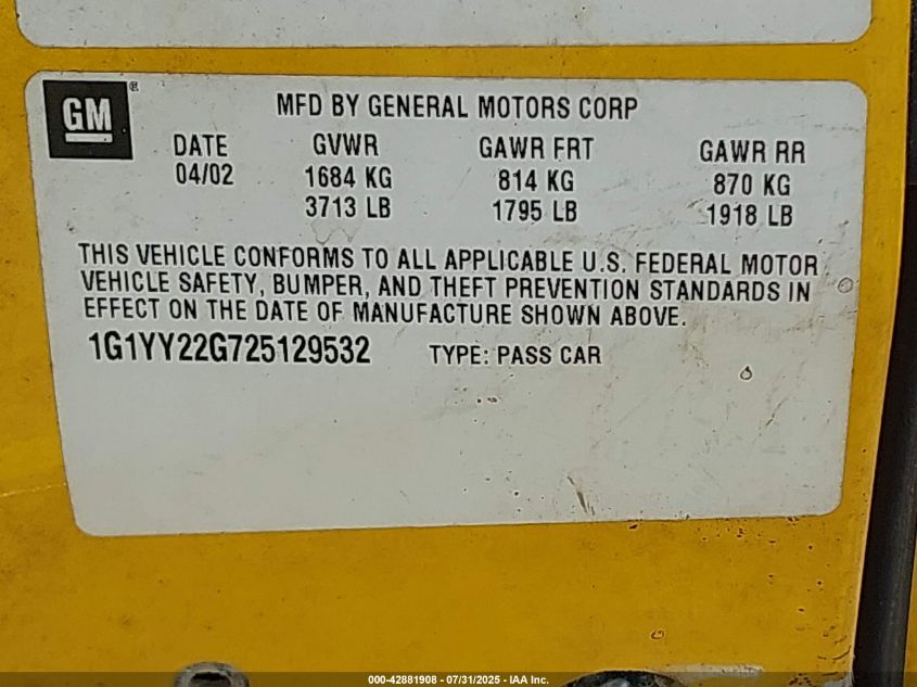 2002 Chevrolet Corvette VIN: 1G1YY22G725129532 Lot: 42881908