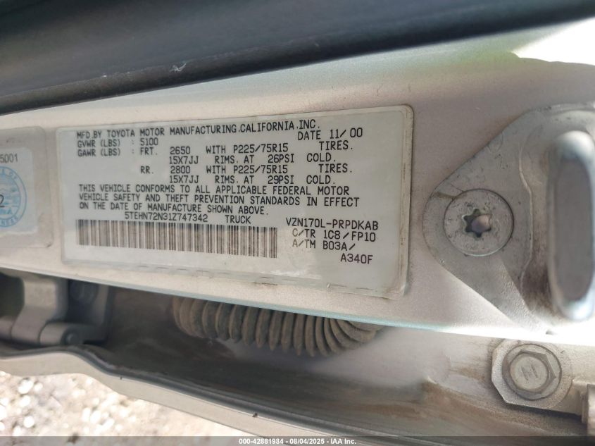 2001 Toyota Tacoma Base V6 VIN: 5TEHN72N31Z747342 Lot: 42881984